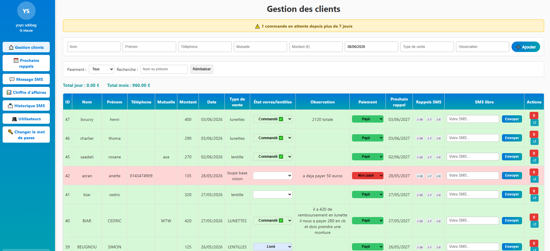 Interface de gestion client Rappel Optique